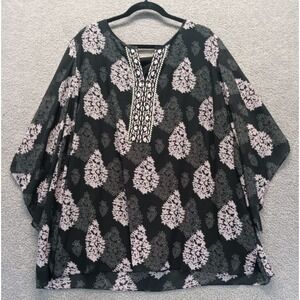 Belle Kim Gravel 3X Floral Lined Tunic Blouse Black Pink Embroidered  Flowy Boho